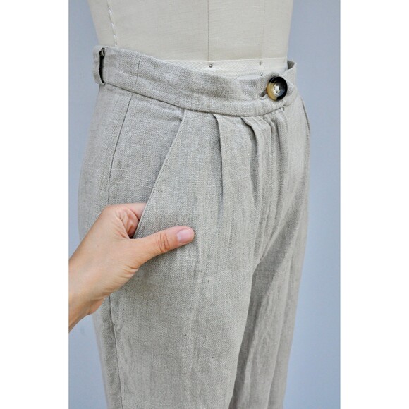 Vintage Beige Linen Ankle Pants - High Waisted Pants - Tapered Pants XXS XS - Picture 2 of 10